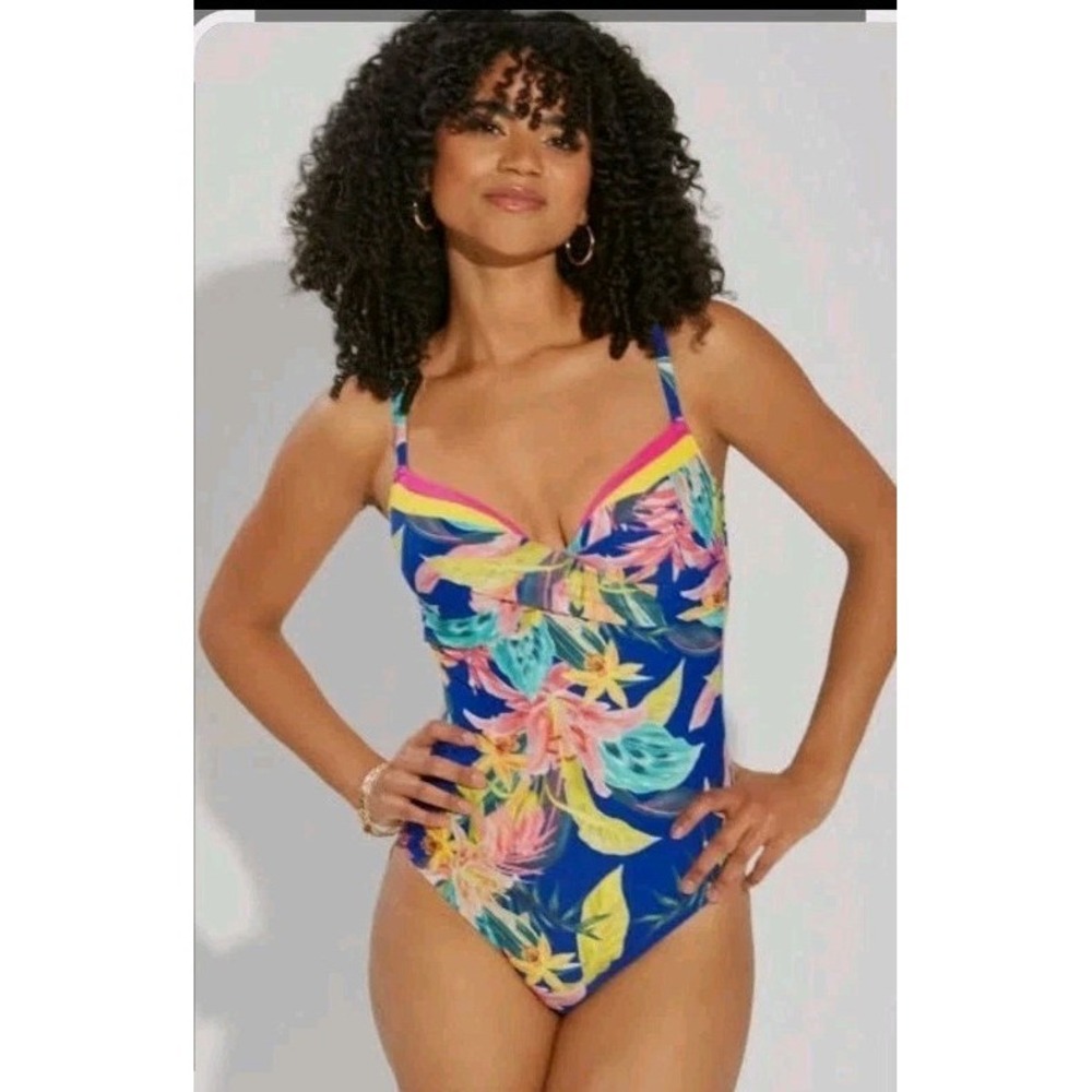 Pour Moi Women's One-Piece Swimsuit Bright Blue Tropical 36C NWT